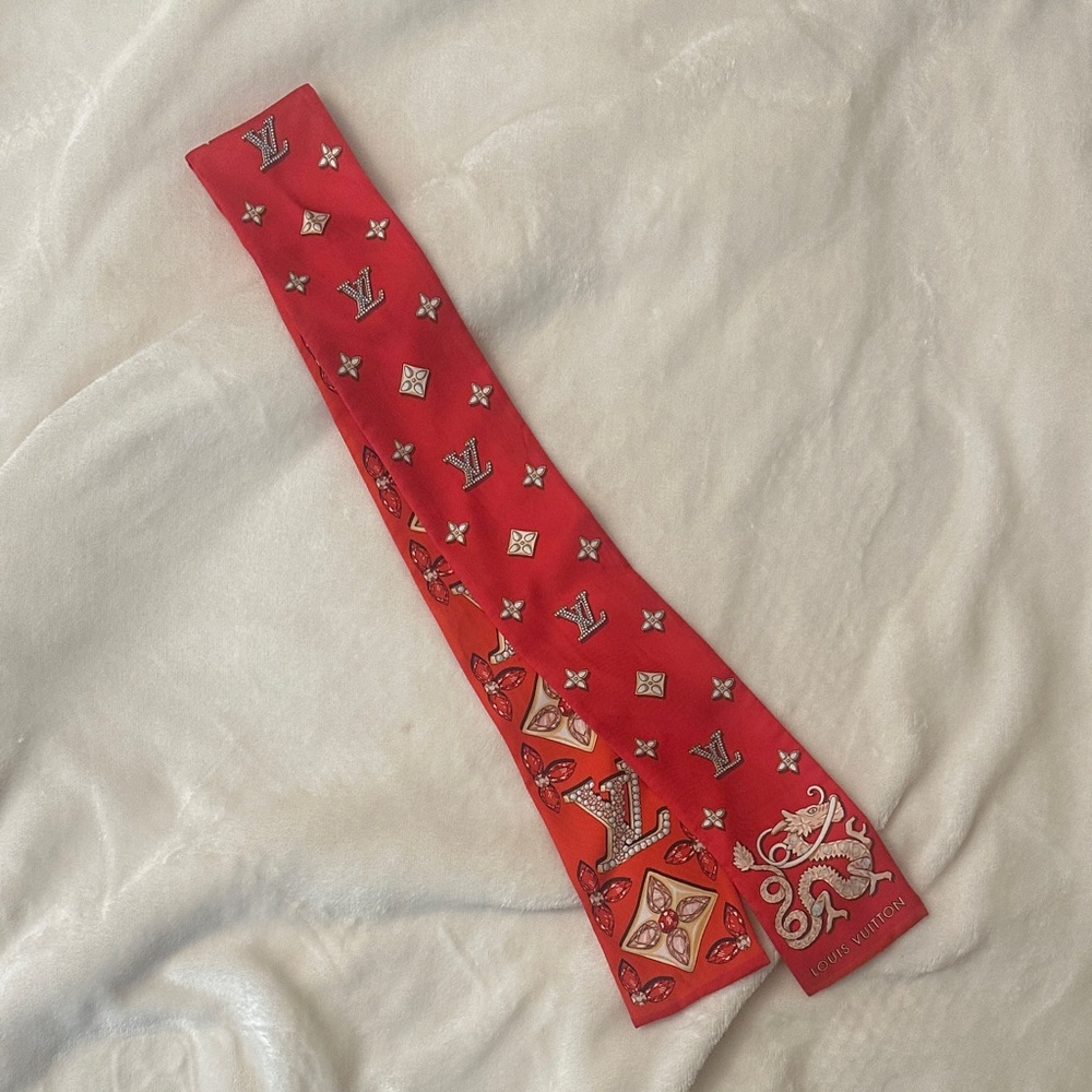 Louis Vuitton Red and Gold Silk Bag Scarf